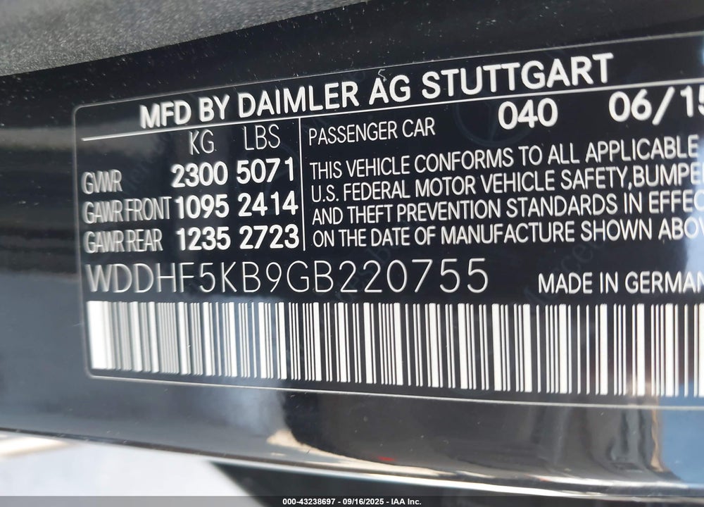 2016 MERCEDES-BENZ E-CLASS VIN: WDDHF5KB9GB220755
