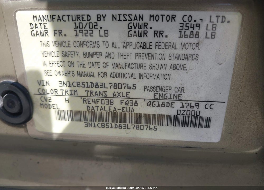 2003 NISSAN SENTRA GXE VIN: 3N1CB51D83L780765