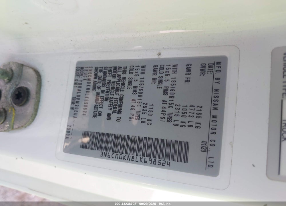 2020 NISSAN NV200  CARGO S XTRONIC CVT VIN: 3N6CM0KN8LK698524