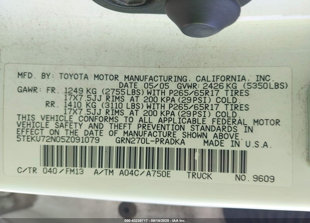 2005 TOYOTA TACOMA PRERUNNER V6 VIN: 5TEKU72N05Z091079