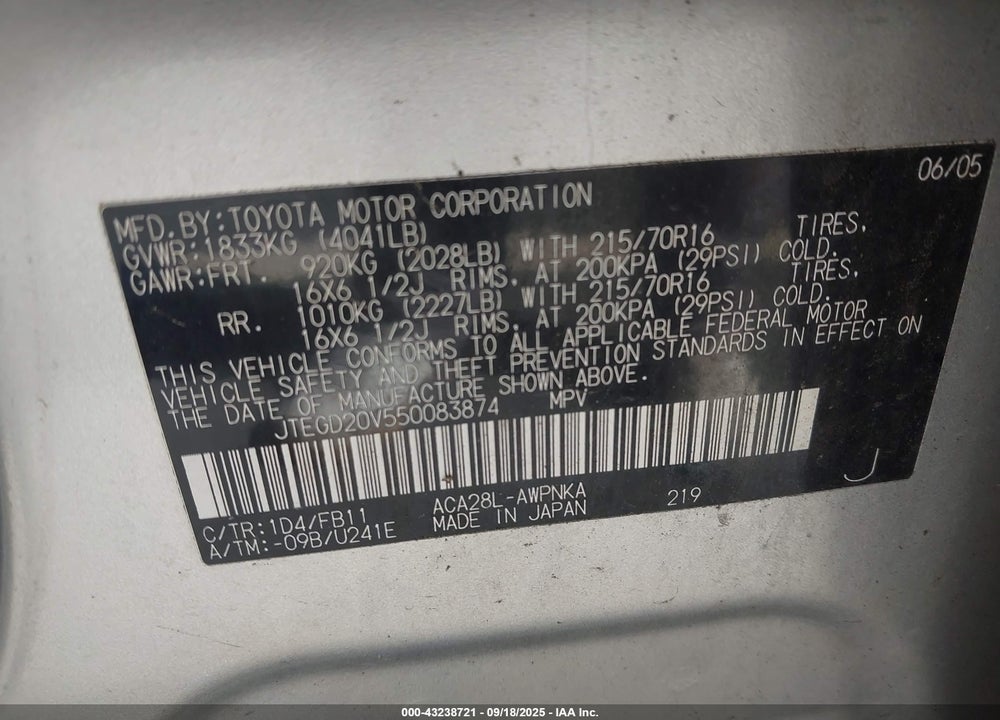 2005 TOYOTA RAV4 VIN: JTEGD20V550083874