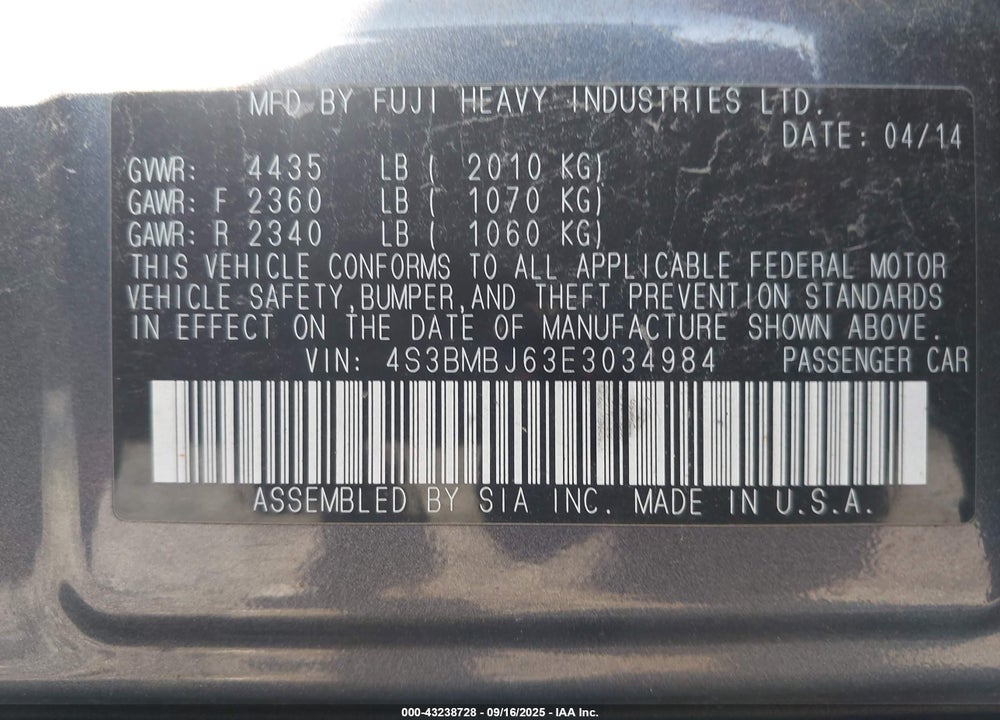 2014 SUBARU LEGACY VIN: 4S3BMBJ63E3034984