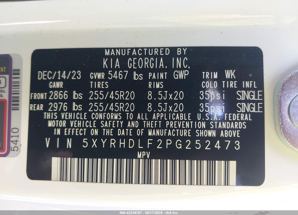 2023 KIA SORENTO VIN: 5XYRHDLF2PG252473