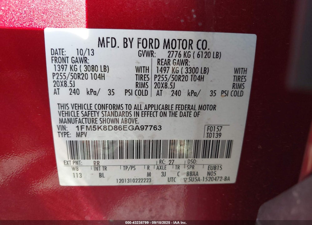 2014 FORD EXPLORER VIN: 1FM5K8D86EGA97763