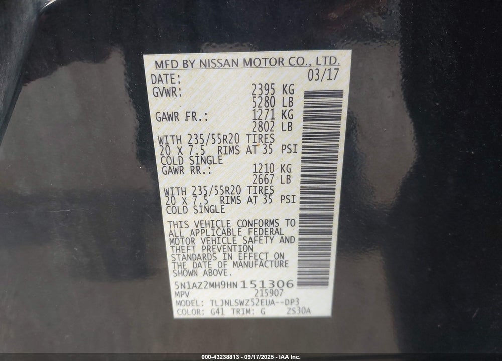 2017 NISSAN MURANO VIN: 5N1AZ2MH9HN151306