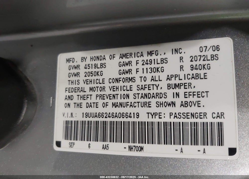 2006 ACURA TL VIN: 19UUA66246A066419
