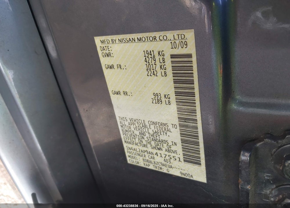 2010 NISSAN ALTIMA VIN: 1N4AL2AP9AN417551