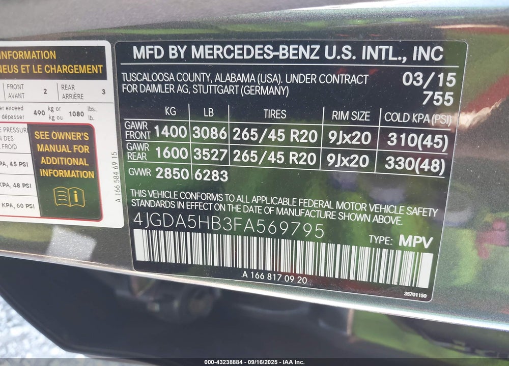 2015 MERCEDES-BENZ ML-CLASS VIN: 4JGDA5HB3FA569795