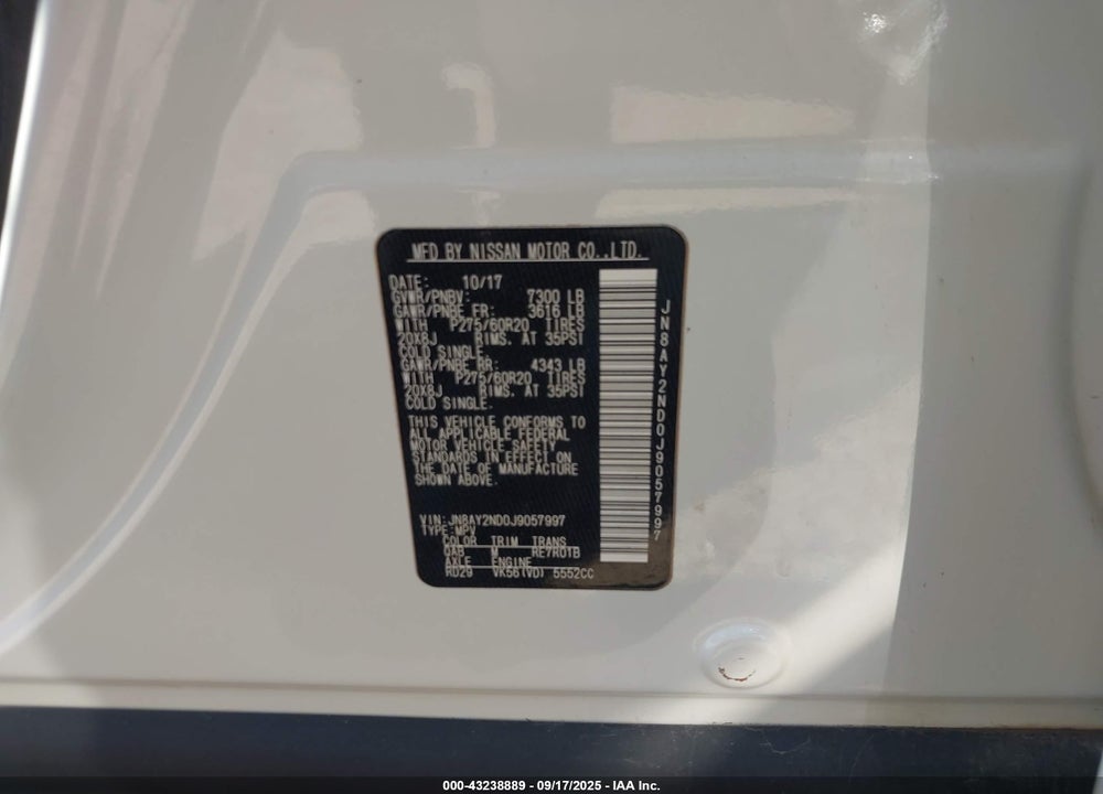 2018 NISSAN ARMADA VIN: JN8AY2ND0J9057997