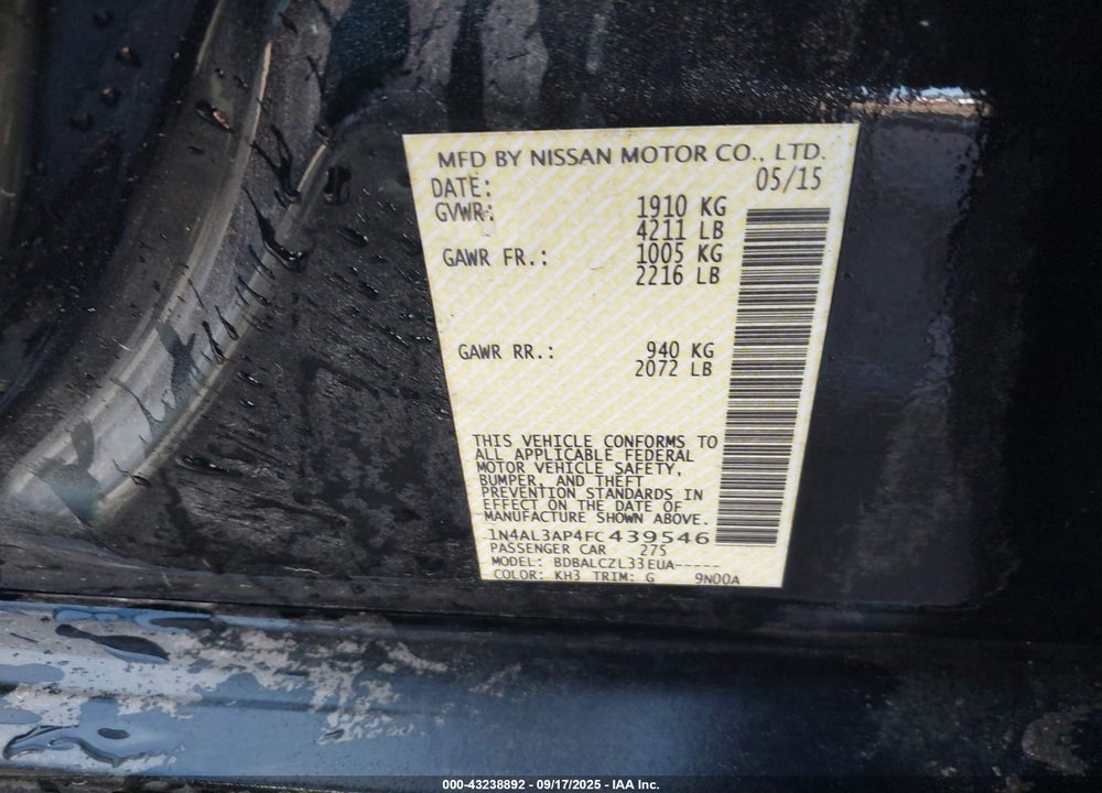 2015 NISSAN ALTIMA 2.5 S VIN: 1N4AL3AP4FC439546