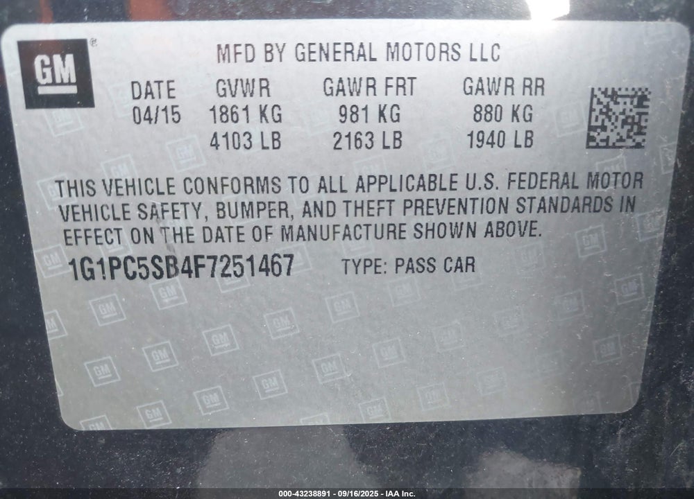 2015 CHEVROLET CRUZE VIN: 1G1PC5SB4F7251467