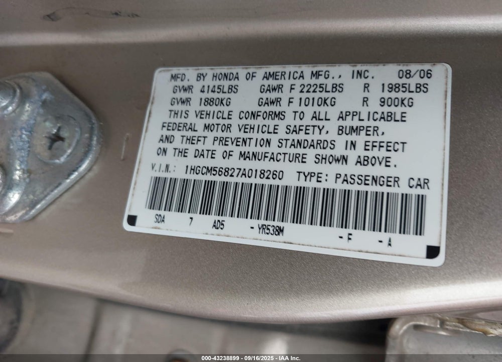 2007 HONDA ACCORD VIN: 1HGCM56827A018260