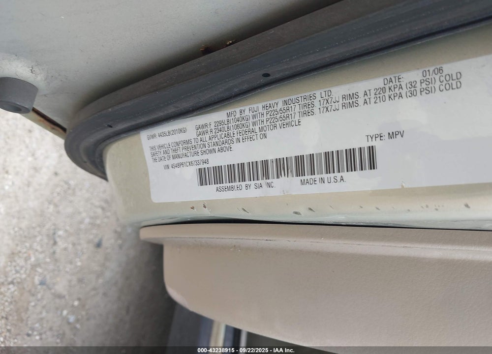 2006 SUBARU OUTBACK 2.5I VIN: 4S4BP61CX67337948