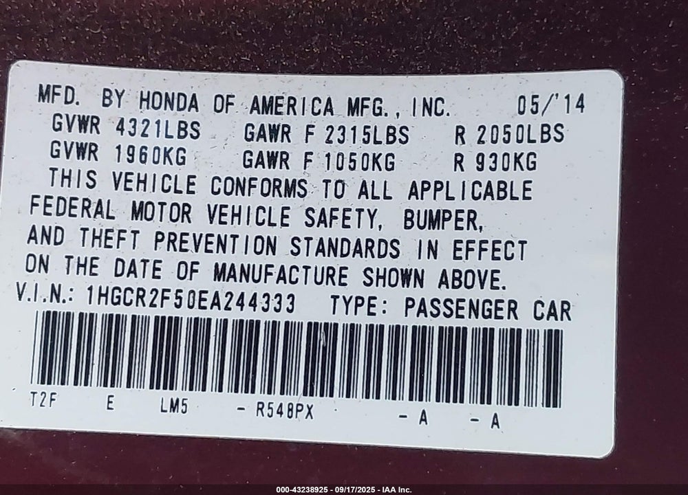 2014 HONDA ACCORD VIN: 1HGCR2F50EA244333