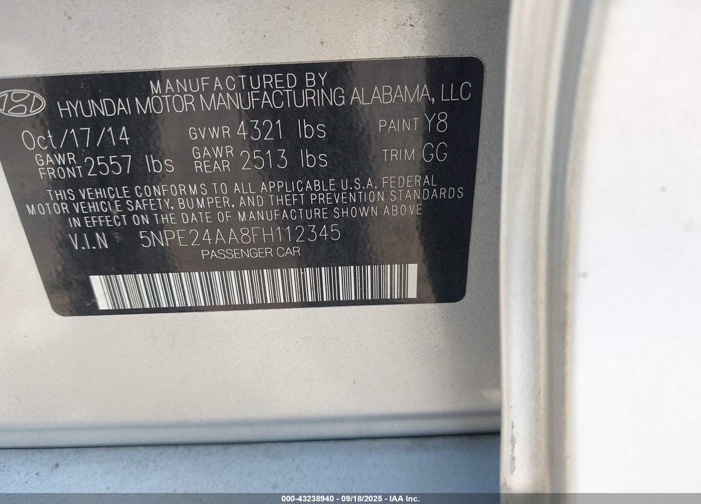 2015 HYUNDAI SONATA VIN: 5NPE24AA8FH112345