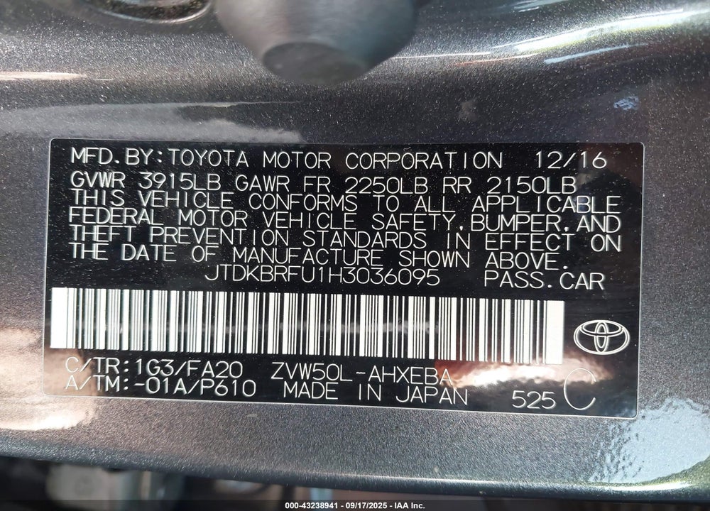 2017 TOYOTA PRIUS VIN: JTDKBRFU1H3036095