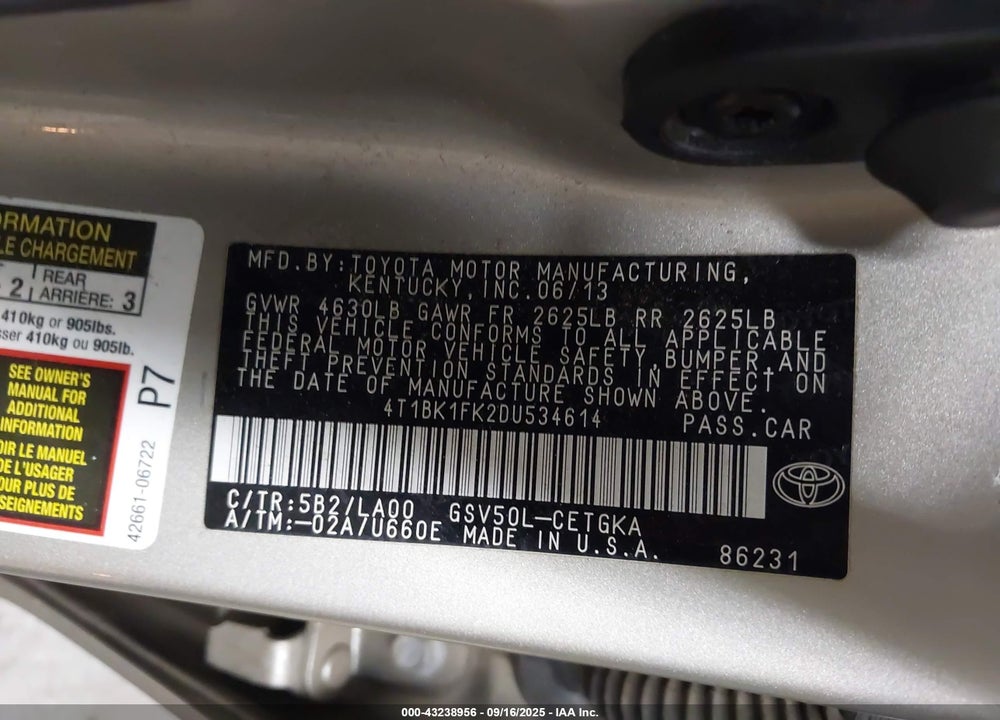 2013 TOYOTA CAMRY VIN: 4T1BK1FK2DU534614