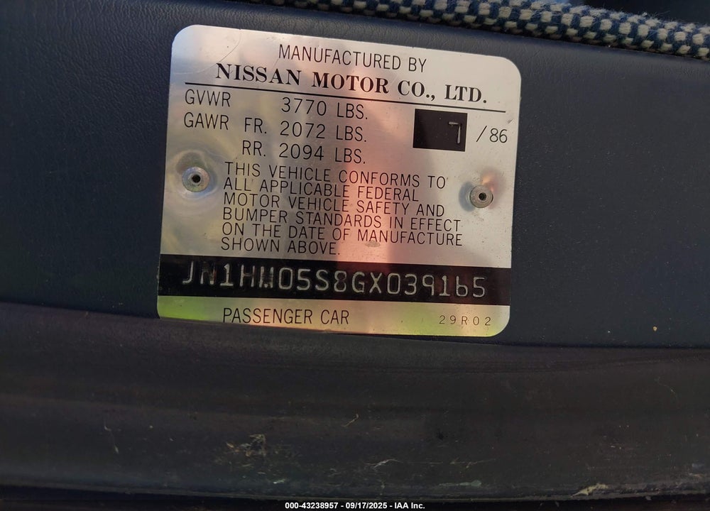 1986 NISSAN STANZA VIN: JN1HM05S8GX039165