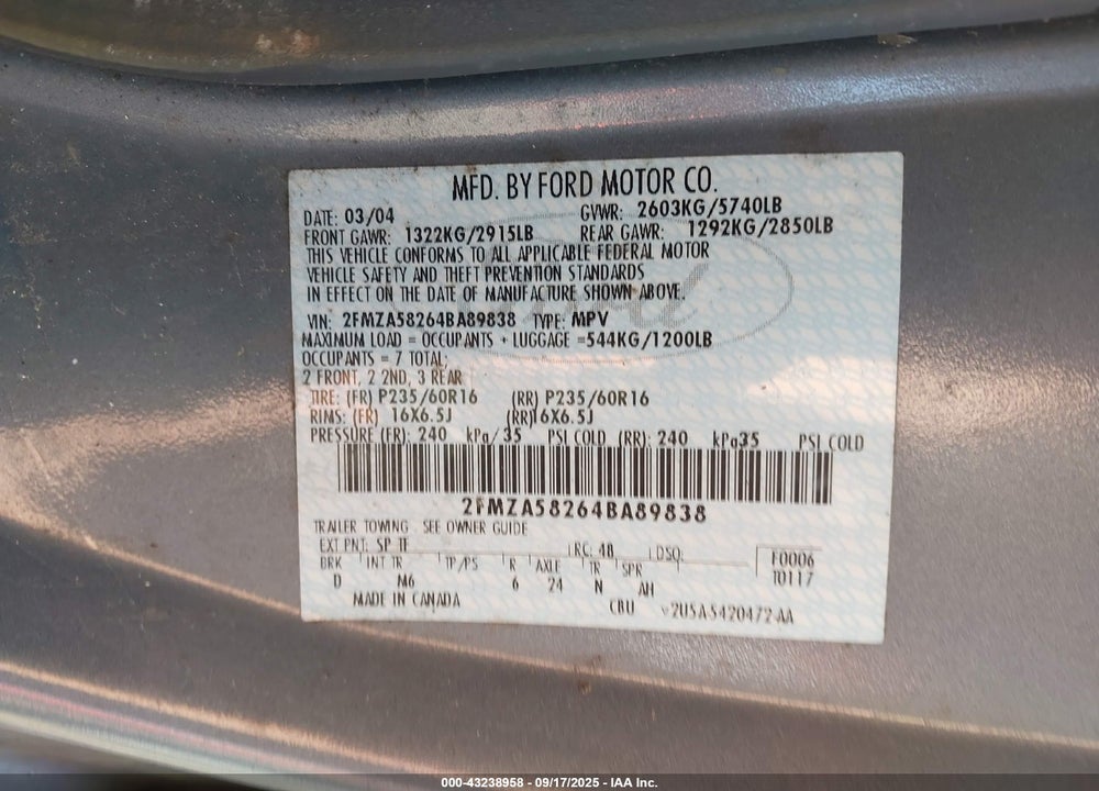 2004 FORD FREESTAR VIN: 2FMZA58264BA89838