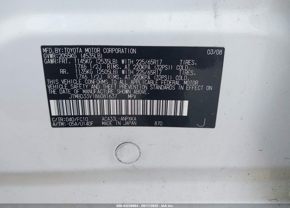2008 TOYOTA RAV4 VIN: JTMBD33V186081637