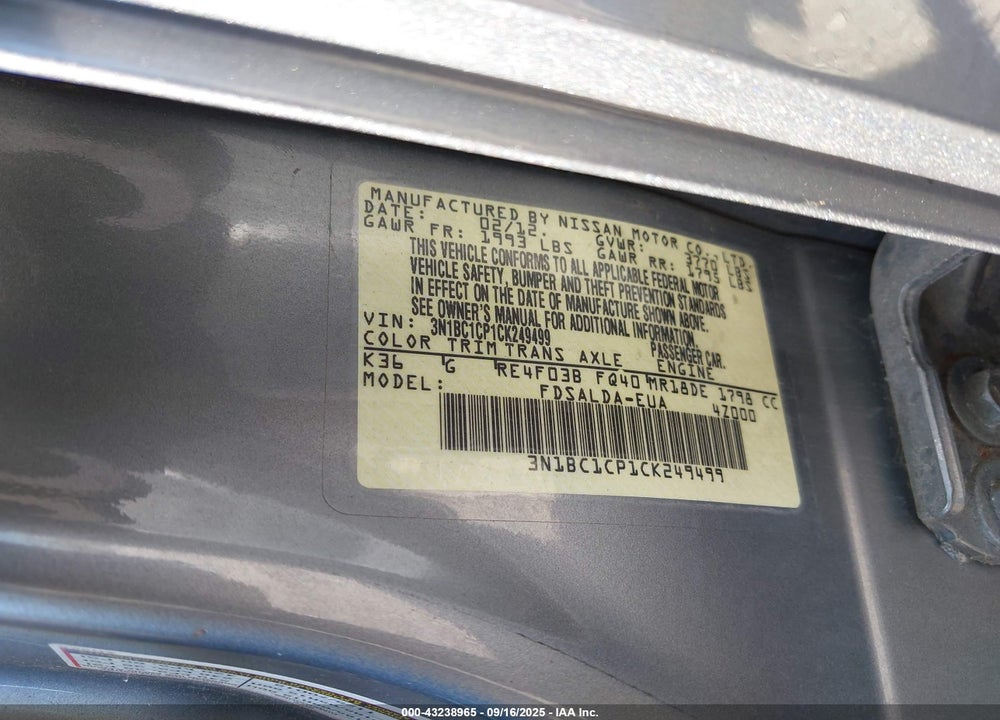 2012 NISSAN VERSA VIN: 3N1BC1CP1CK249499