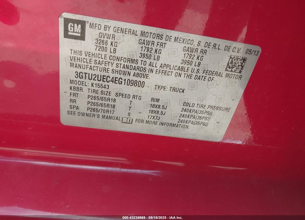 2014 GMC SIERRA 1500 VIN: 3GTU2UEC4EG109800