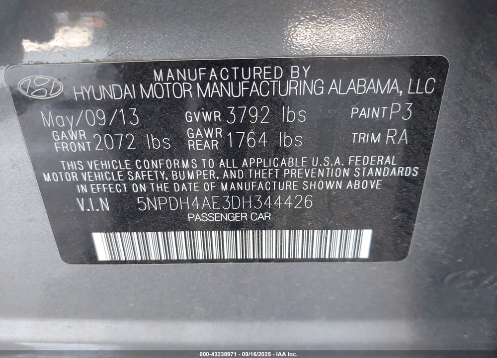 2013 HYUNDAI ELANTRA GLS VIN: 5NPDH4AE3DH344426
