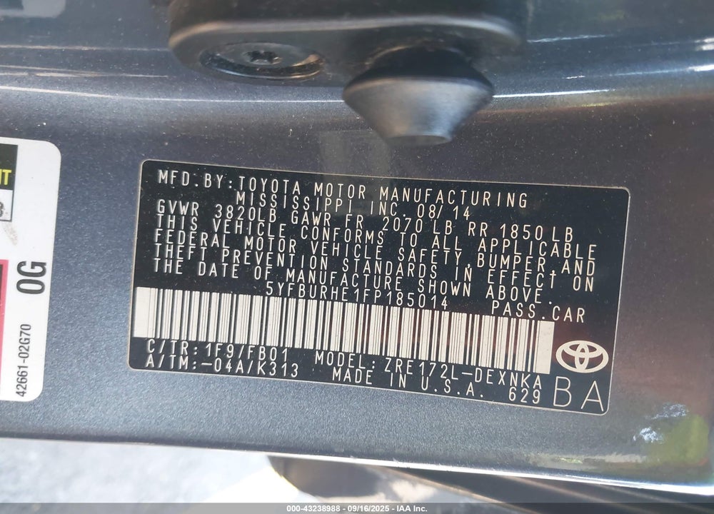 2015 TOYOTA COROLLA VIN: 5YFBURHE1FP185014