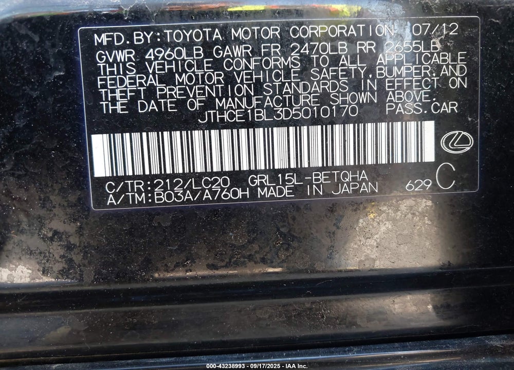 2013 LEXUS GS 350 VIN: JTHCE1BL3D5010170