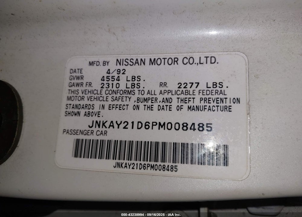 1993 INFINITI J30 VIN: JNKAY21D6PM008485