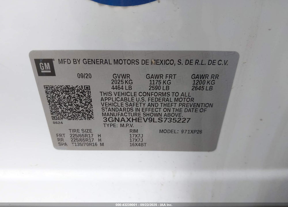 2020 CHEVROLET EQUINOX VIN: 3GNAXHEV9LS735227