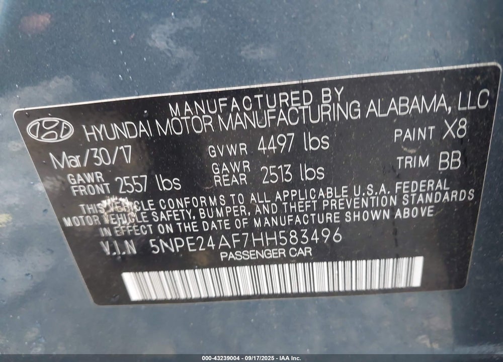 2017 HYUNDAI SONATA VIN: 5NPE24AF7HH583496
