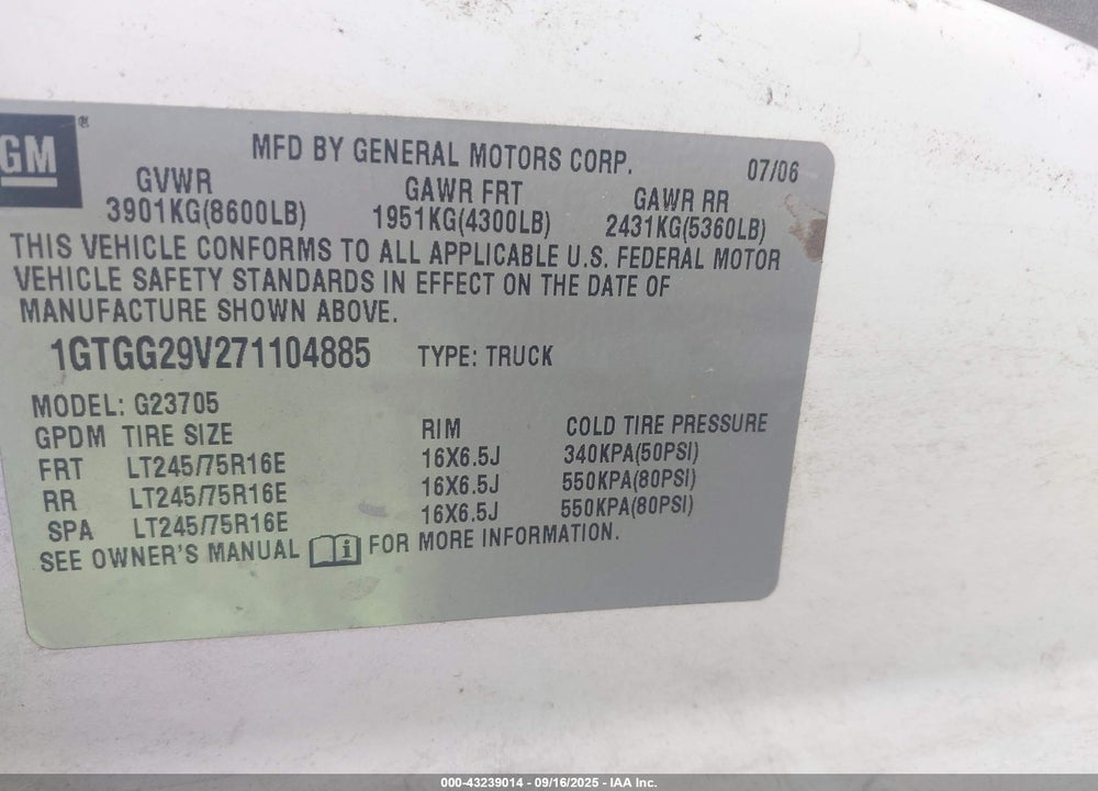 2007 GMC SAVANA WORK VAN VIN: 1GTGG29V271104885