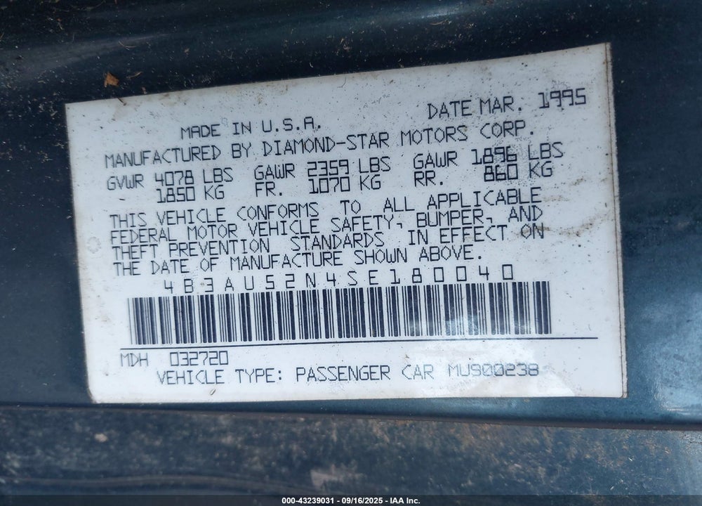 1995 DODGE AVENGER ES VIN: 4B3AU52N4SE180040