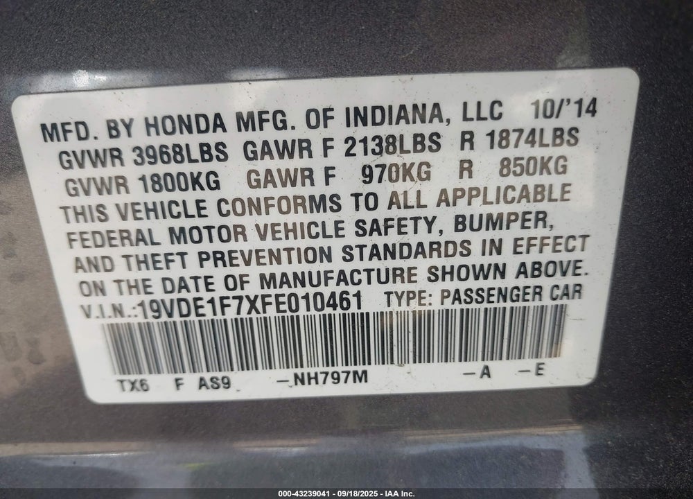 2015 ACURA ILX VIN: 19VDE1F7XFE010461