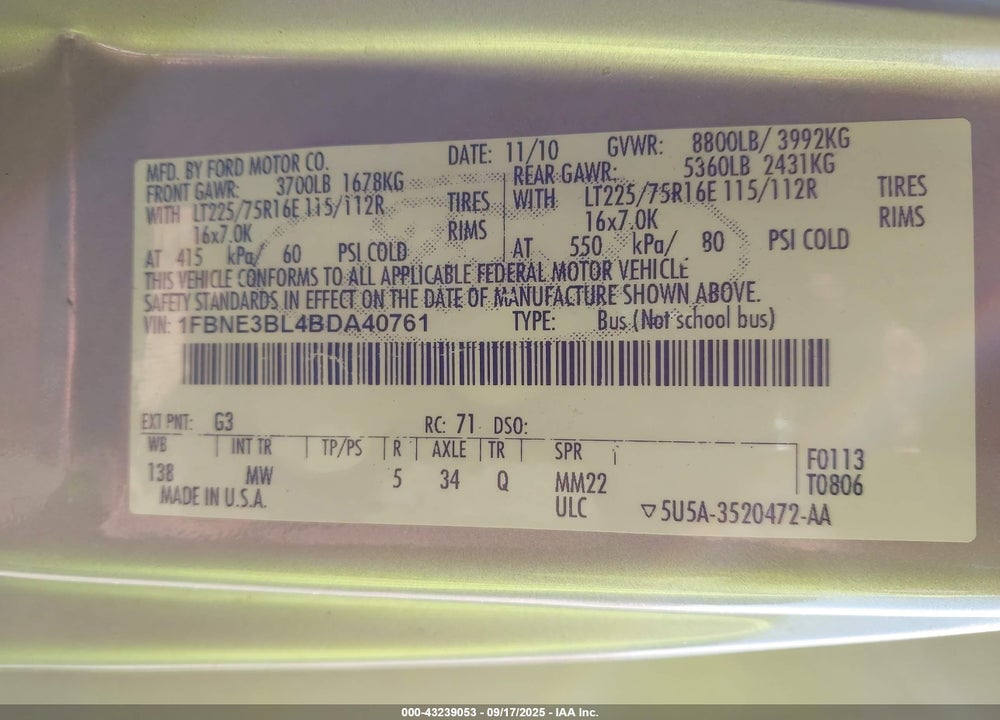 2011 FORD E 350 VIN: 1FBNE3BL4BDA40761