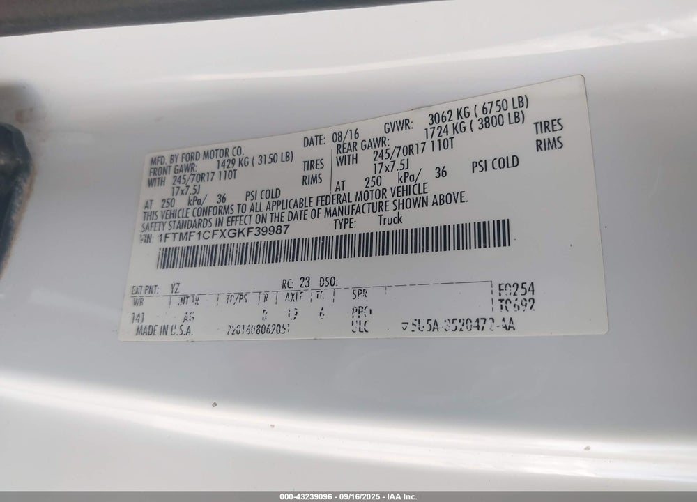 2016 FORD F-150 VIN: 1FTMF1CFXGKF39987