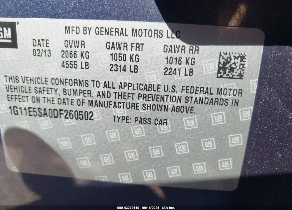 2013 CHEVROLET MALIBU VIN: 1G11E5SA0DF260502