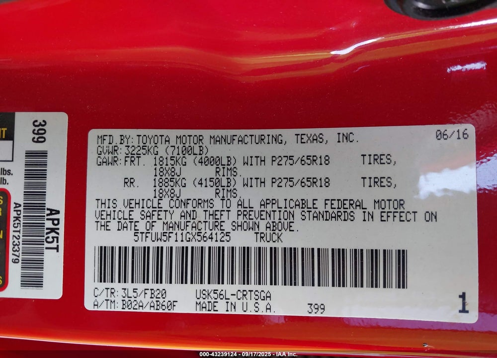 2016 TOYOTA TUNDRA SR5 5.7L V8 VIN: 5TFUW5F11GX564125