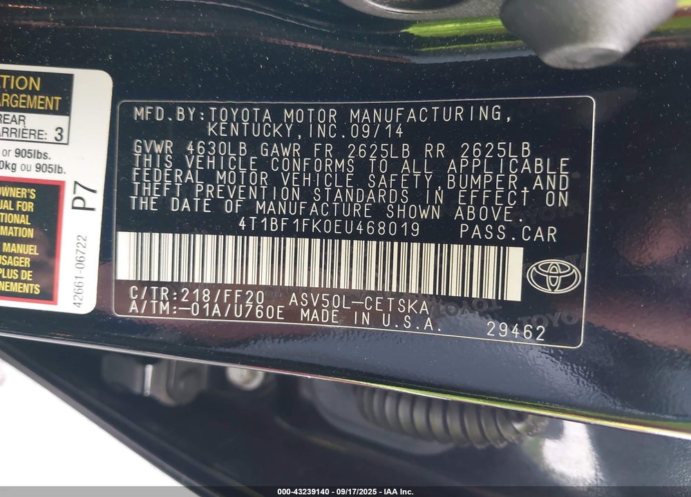 2014 TOYOTA CAMRY SE VIN: 4T1BF1FK0EU468019