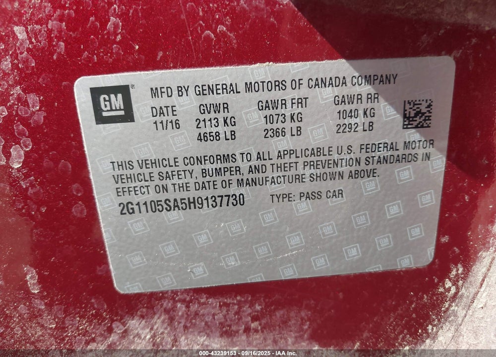 2017 CHEVROLET IMPALA VIN: 2G1105SA5H9137730