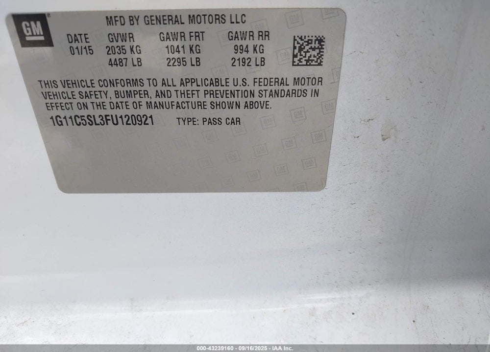 2015 CHEVROLET MALIBU VIN: 1G11C5SL3FU120921