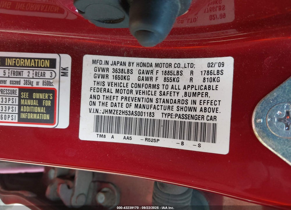 2010 HONDA INSIGHT LX VIN: JHMZE2H53AS001183