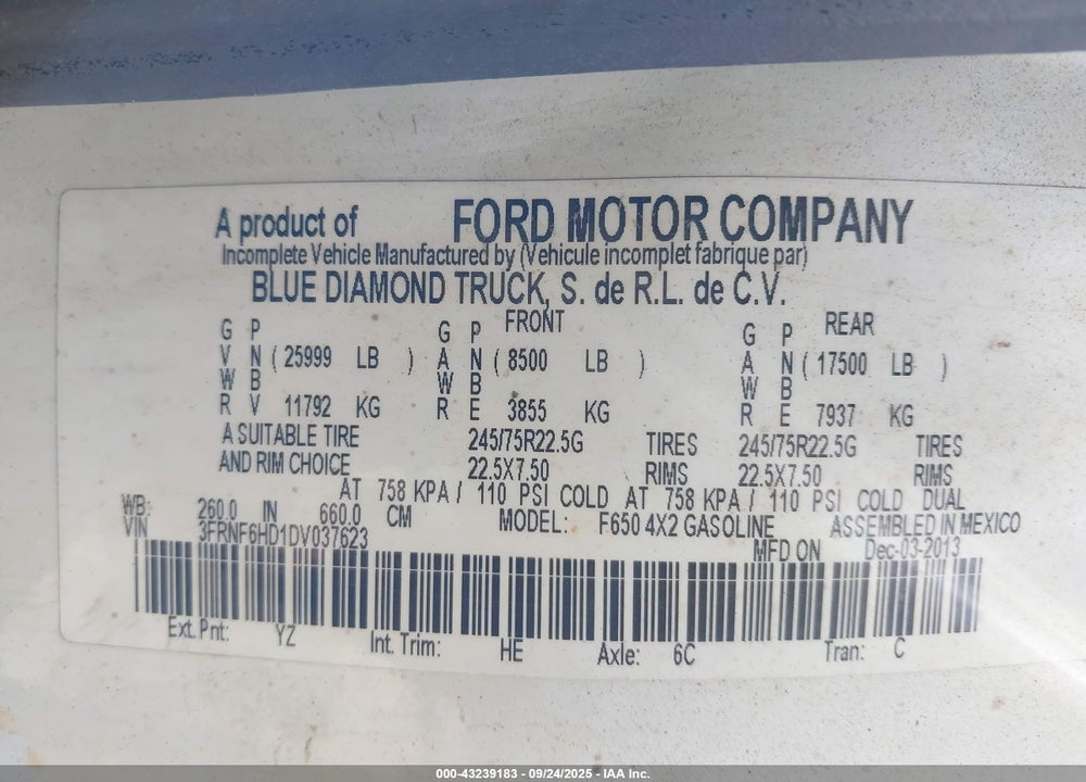 2013 FORD F-650 GAS XL/XLT VIN: 3FRNF6HD1DV037623