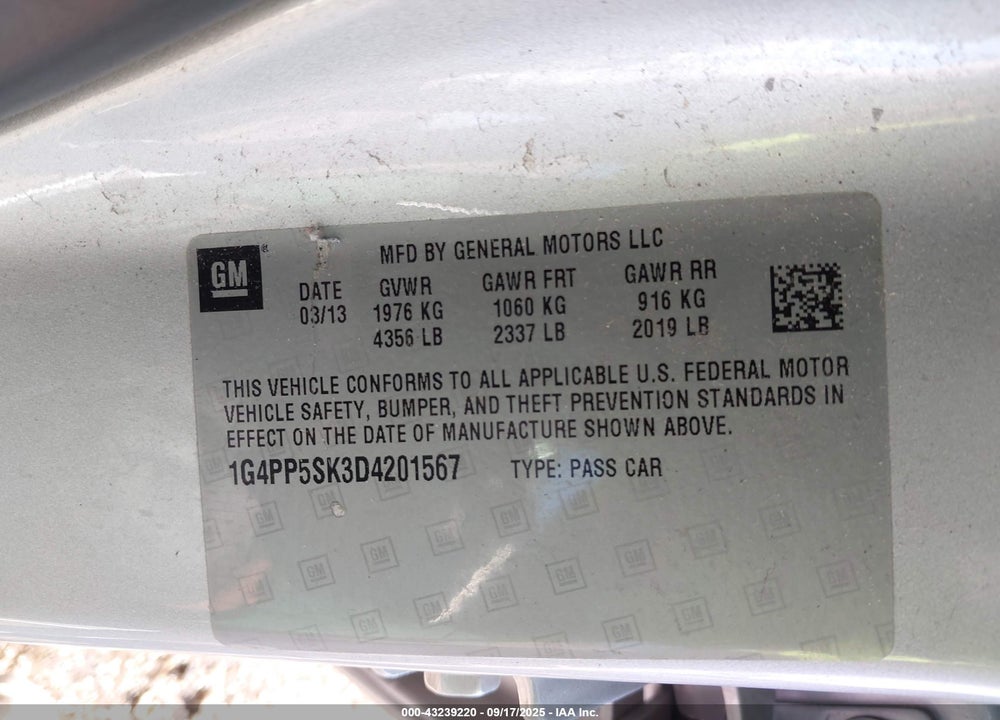 2013 BUICK VERANO VIN: 1G4PP5SK3D4201567