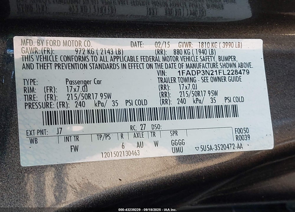 2015 FORD FOCUS VIN: 1FADP3N21FL228479