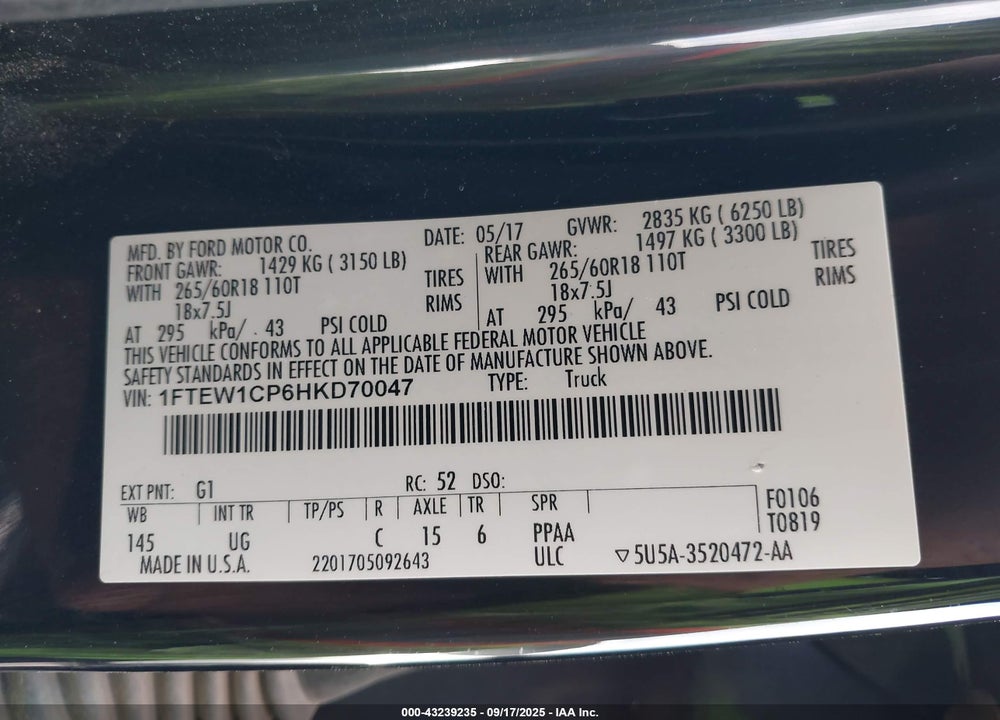 2017 FORD F-150 VIN: 1FTEW1CP6HKD70047