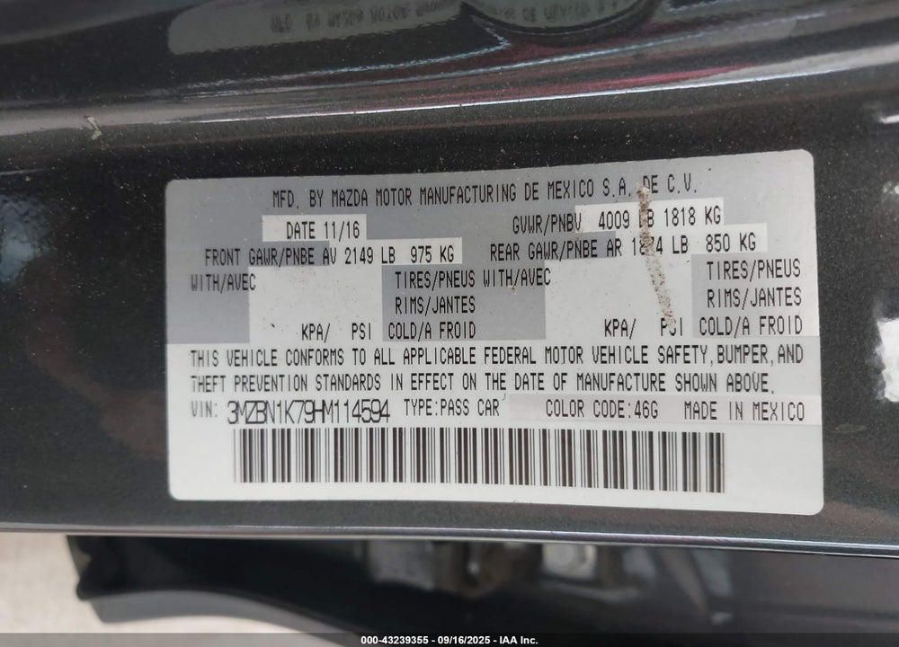 2017 MAZDA 3 VIN: 3MZBN1K79HM114594