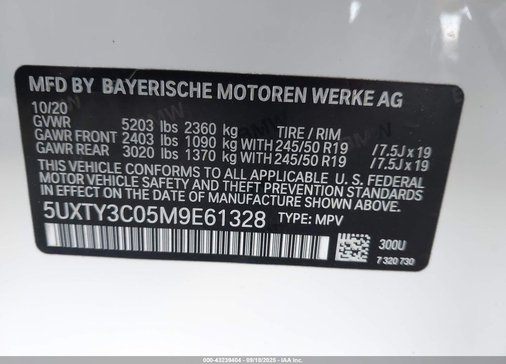 2021 BMW X3 VIN: 5UXTY3C05M9E61328
