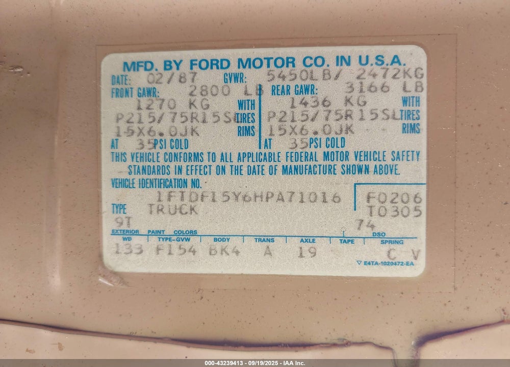 1987 FORD F150 VIN: 1FTDF15Y6HPA71016